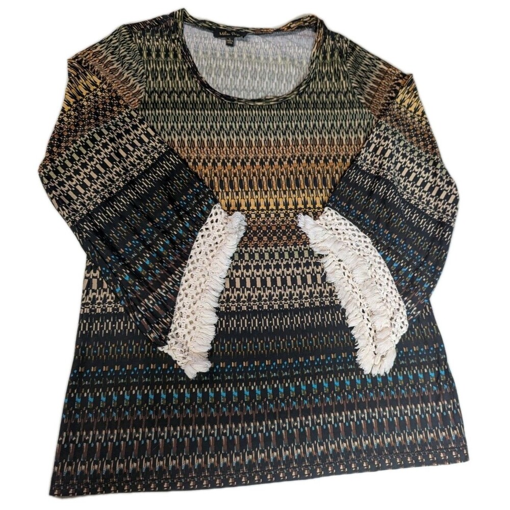 Melissa Paige Boho Geometric Print Top Large Crochet Fringe Bell Sleeve... - Picture 2 of 15
